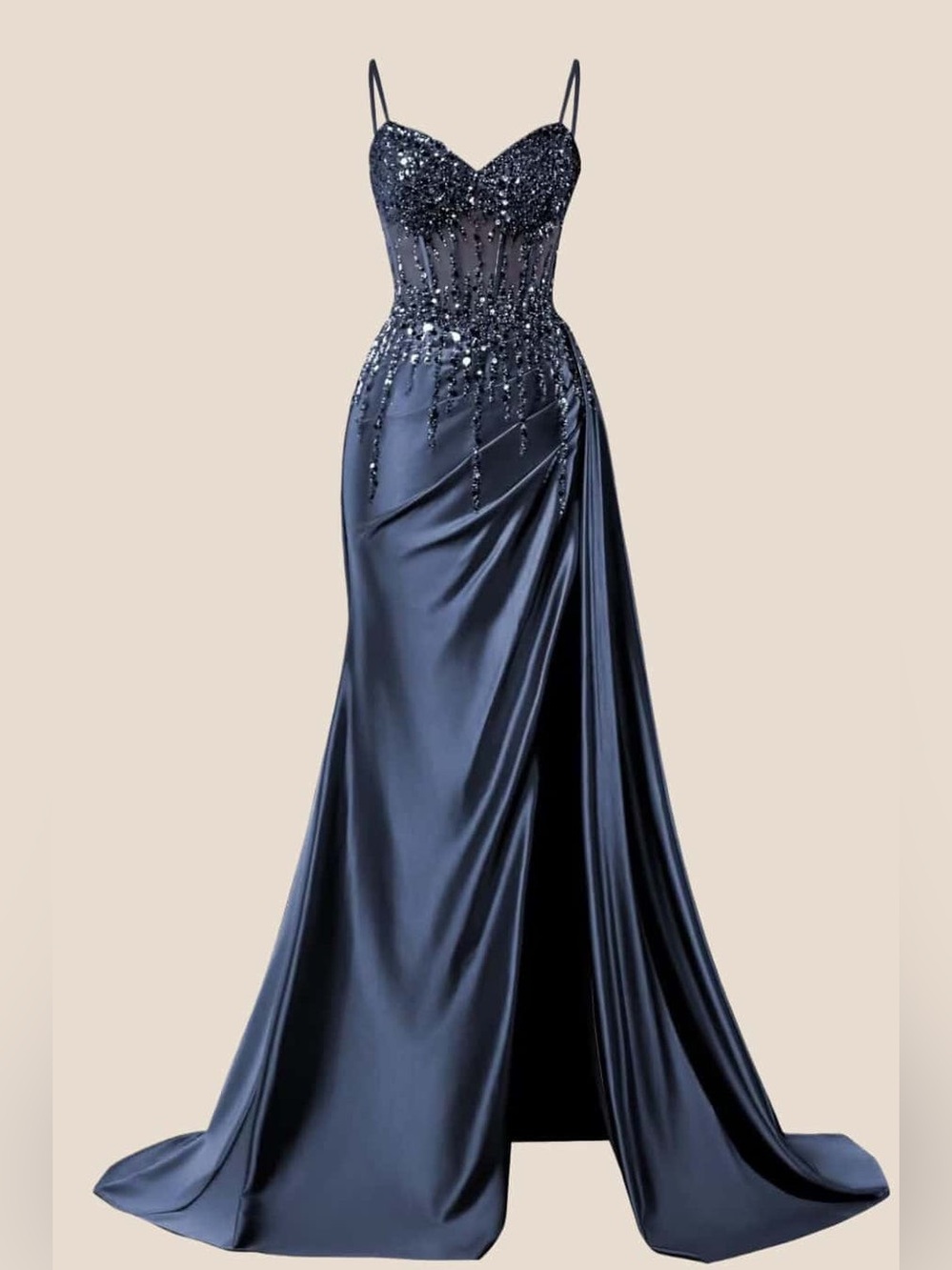 Oh Molly Beaded Satin Ruched Long Prom Dress Navy Blue Size 18 NWOT